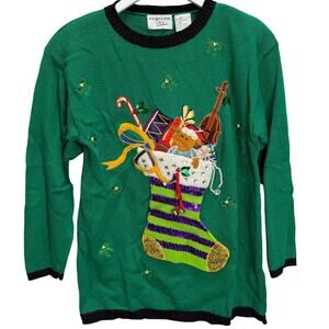 Vintage Fashion Only Christmas Sweater Green Stocking Bells Embellished Size M